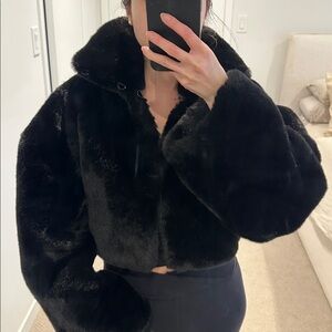 ROTATE Black Faux Fur Cropped Jacket